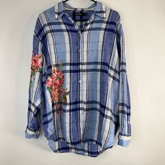 Lauren Ralph Lauren Tops - Lauren Ralph Lauren Floral & Plaid Linen Button Front Shirt Womens Boho Chic